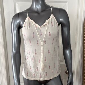NWOT Cream Printed Spaghetti-Strap Tie-Front Tank Top